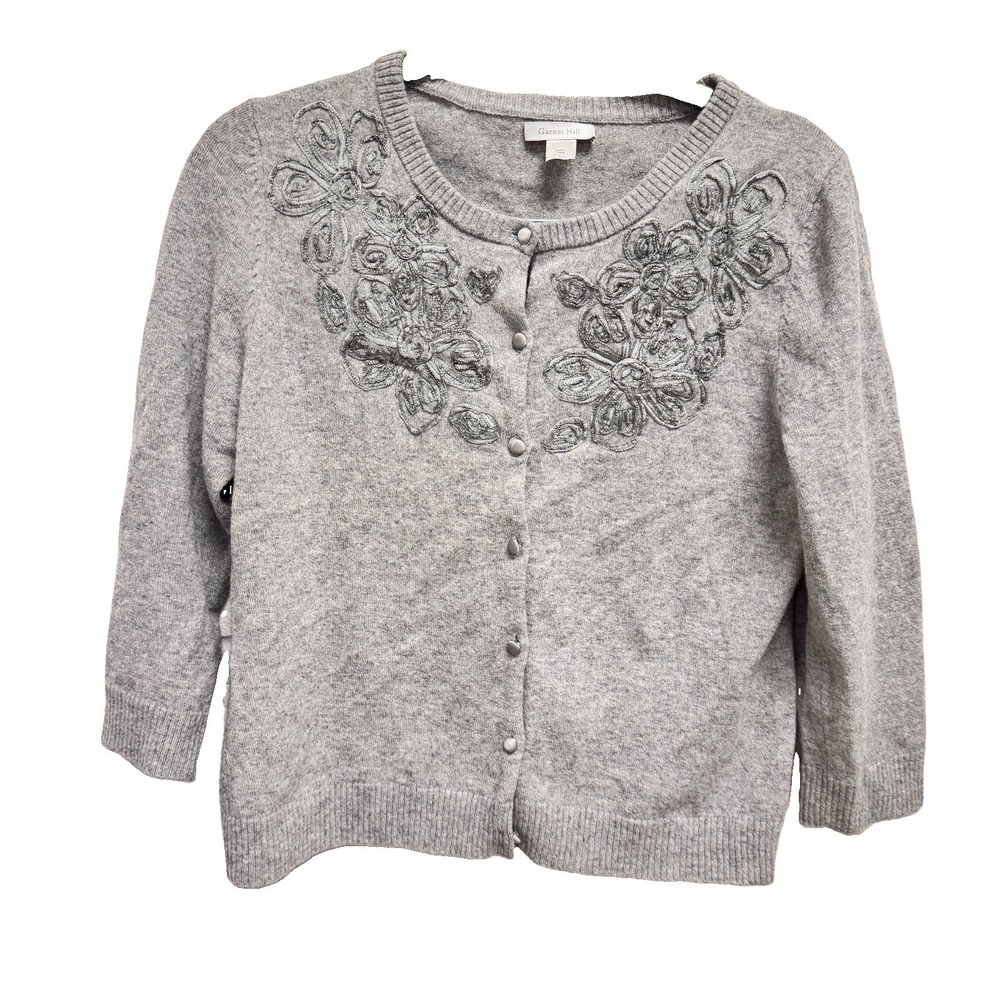 Garnet Hill Women Wool Floral Applique Cardigan L Grandmacore Fairycore gray